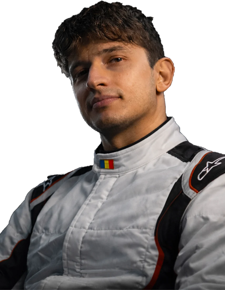 Marian Barbieru in race suit.
