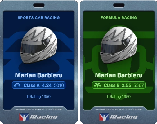 Marian Barbieru 的 iRacing 执照：跑车 A 级 4.24、5010 iRating；方程式 B 级 2.55、5567 iRating