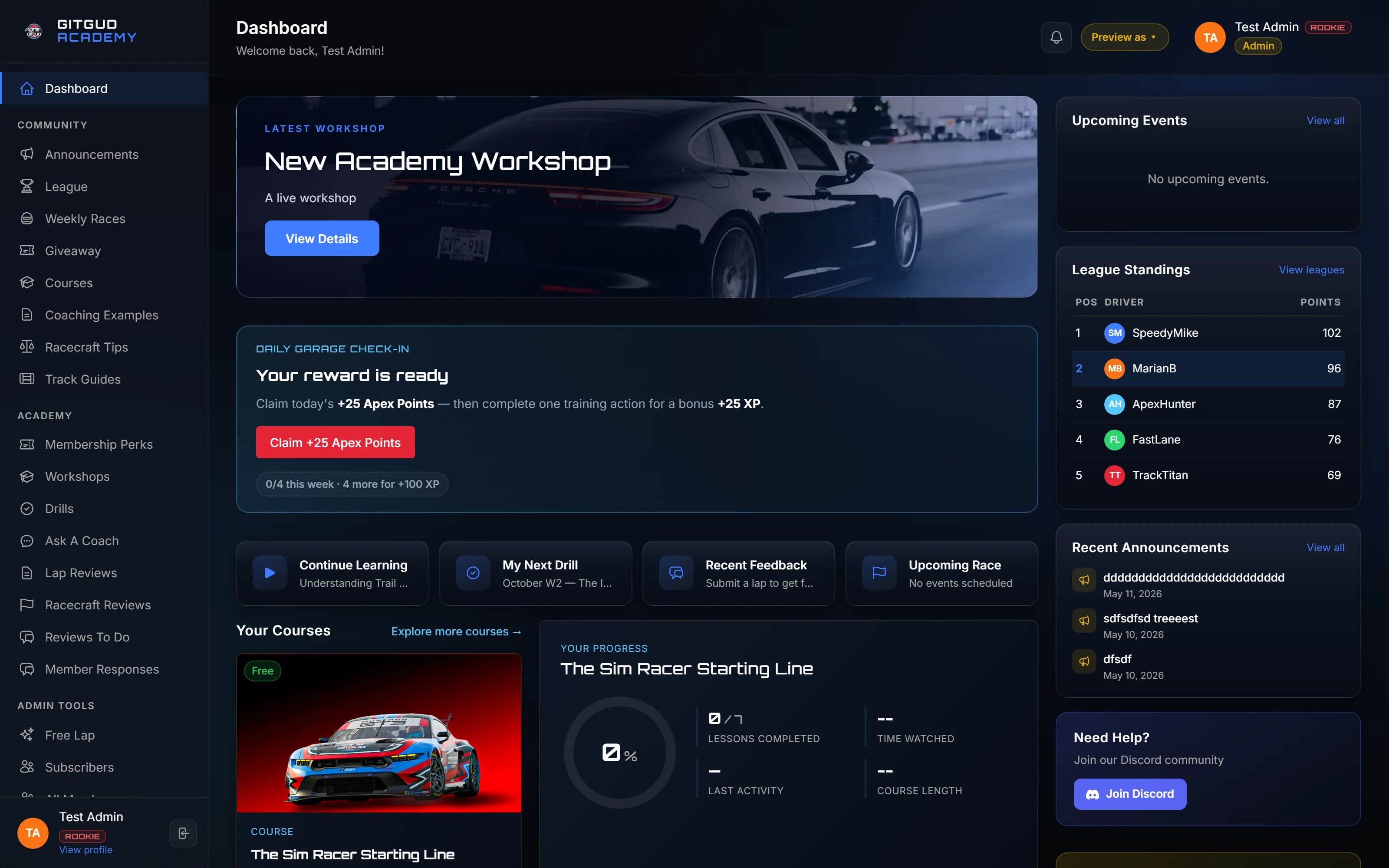 Academy dashboard — latest workshop hero, daily garage check-in, course progress, league standings, recent announcements.