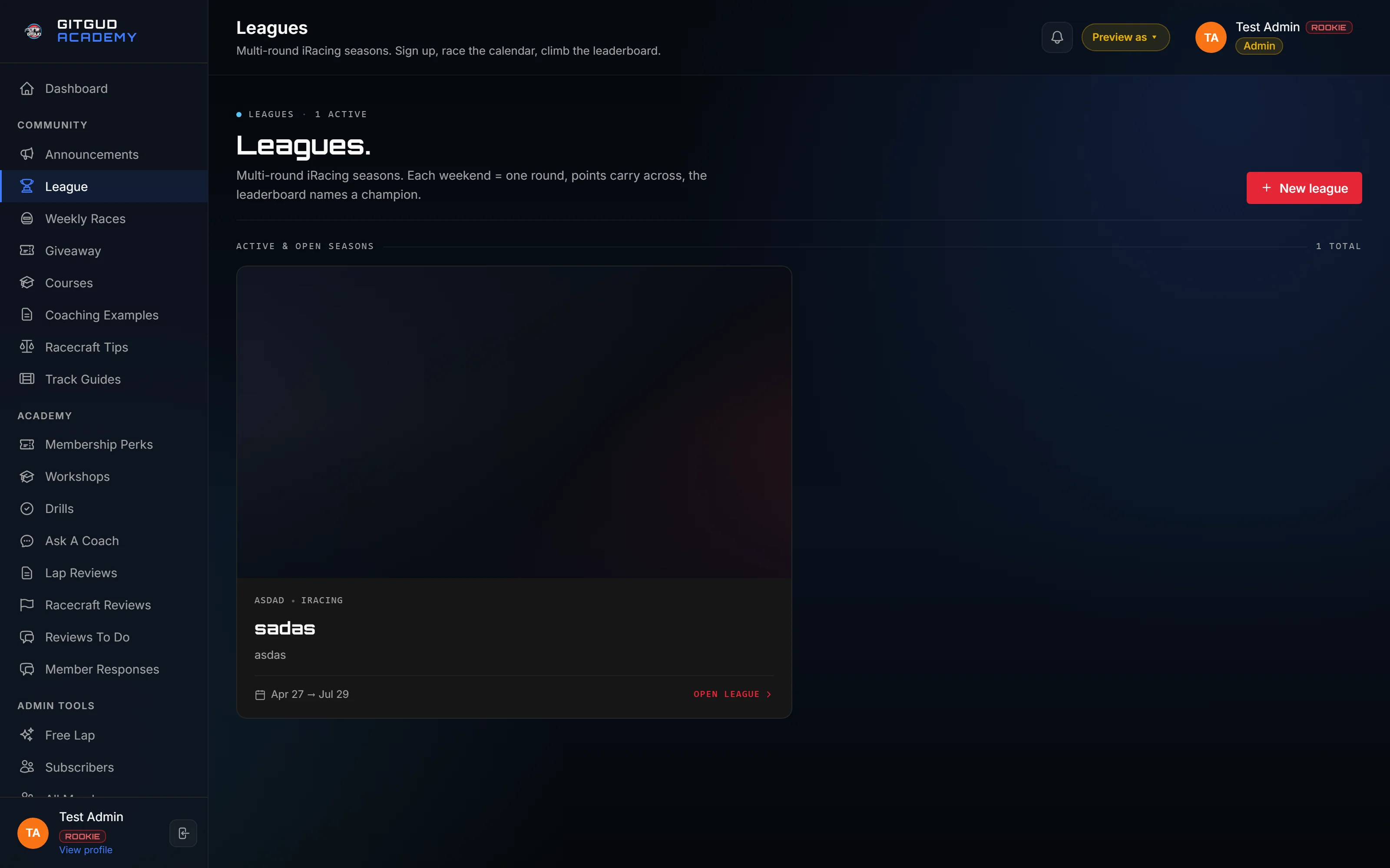 Leagues — full-season format with rules, prizes, calendar, leaderboard and protest queue.