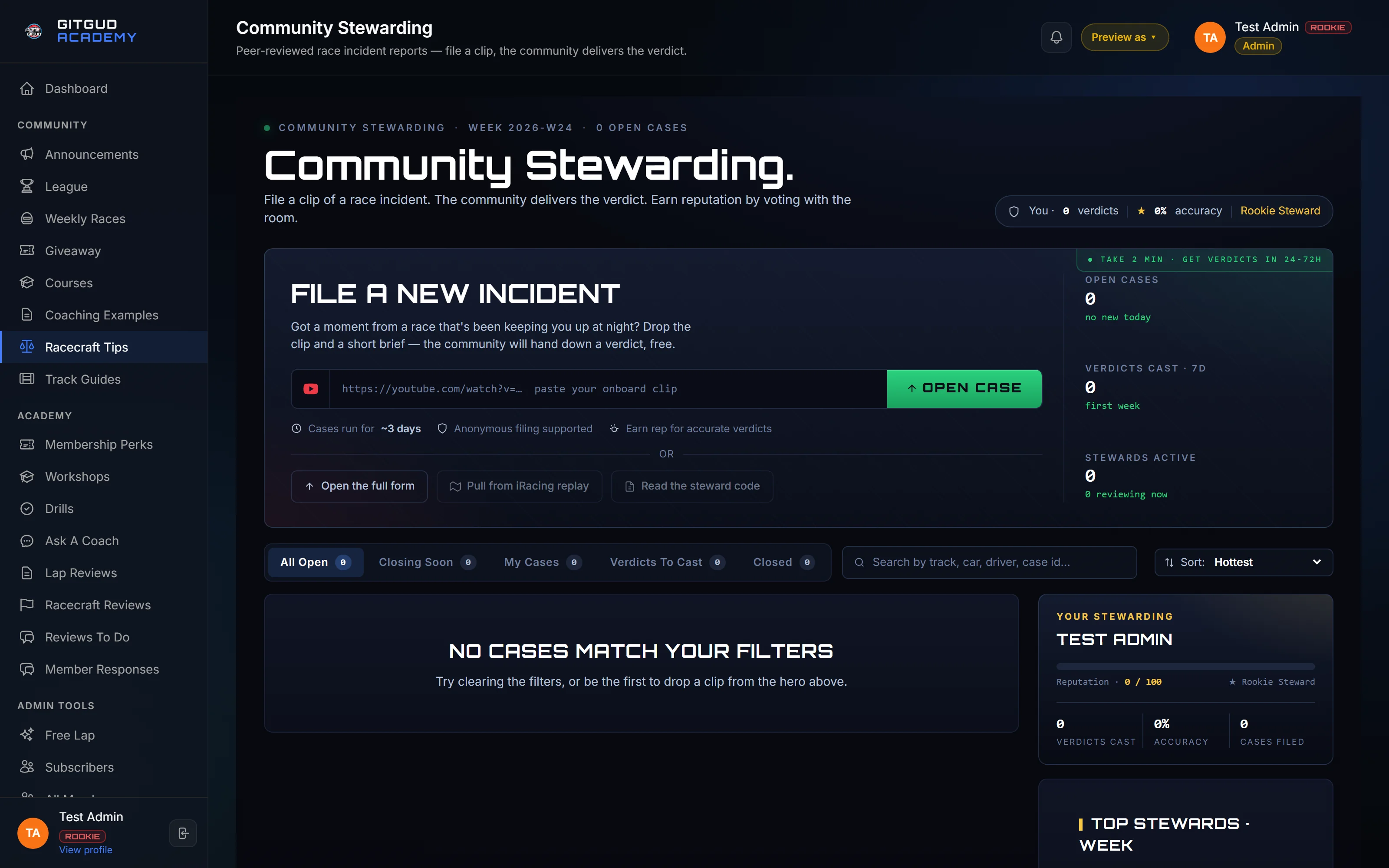 Racecraft Tips — community incident-judgement feed. Post a clip, get verdicts.