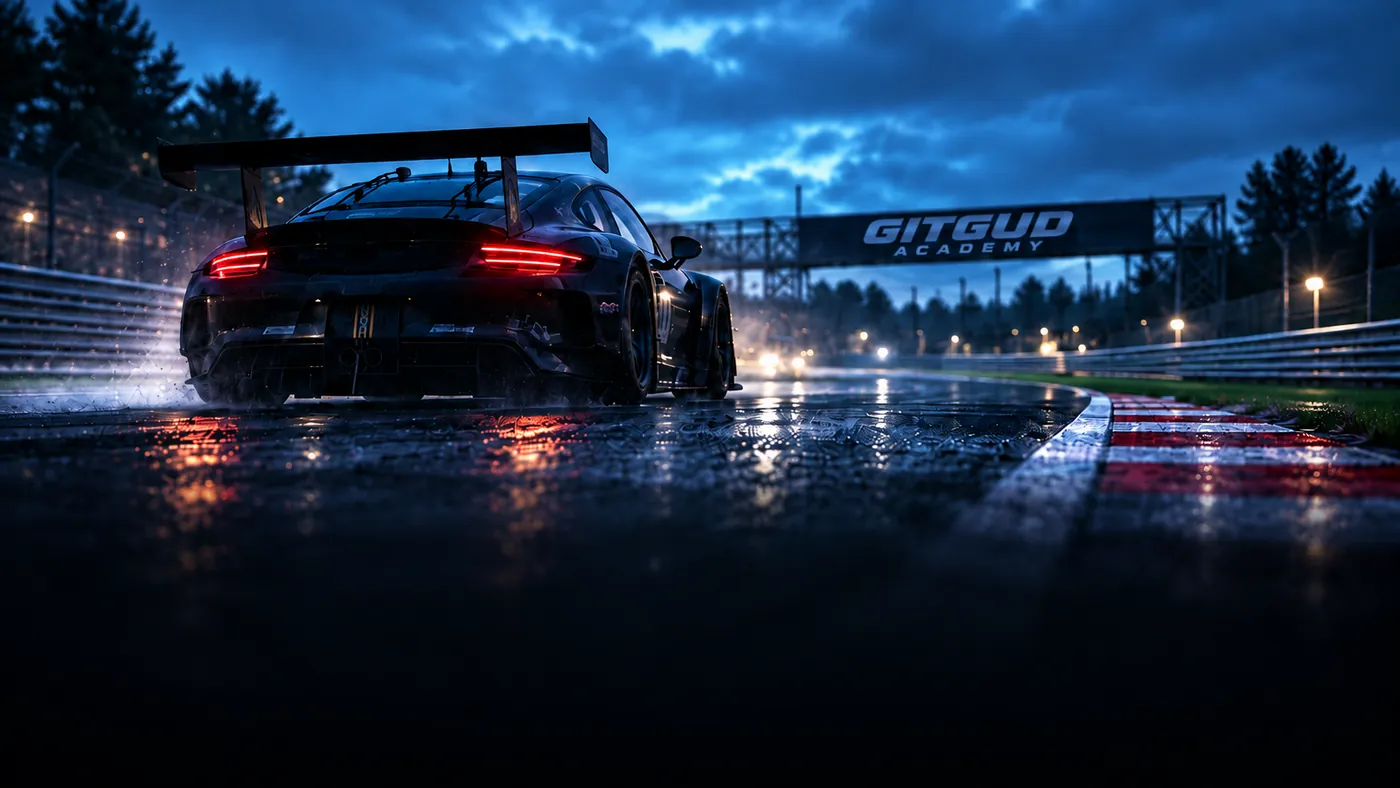 A GT3 car under the GITGUD Academy gantry on a wet circuit at dusk