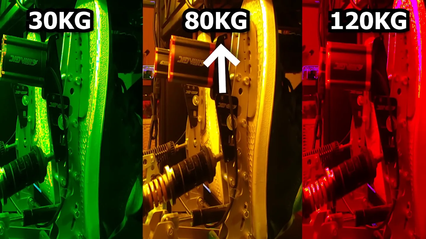 Three tinted side-by-side shots of the same load cell pedal labelled 30KG, 80KG and 120KG, the three brake pedal settings sim racing coach Marian compared in the video.
