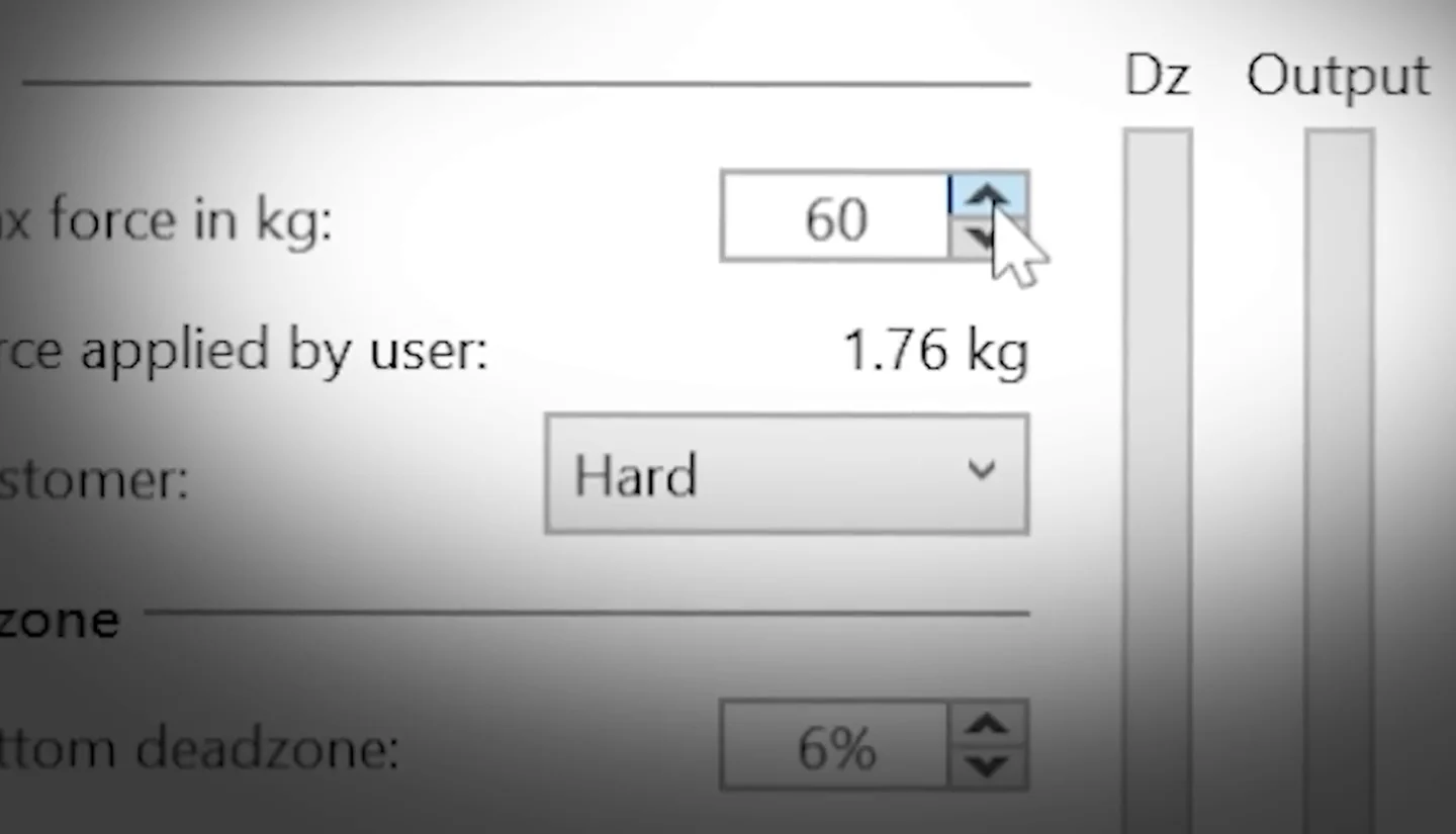 Pedal software close-up with Max force in kg set to 60, force applied by user 1.76 kg, elastomer Hard and bottom deadzone 6 per cent, the winning brake pedal settings sim racing value from the test.