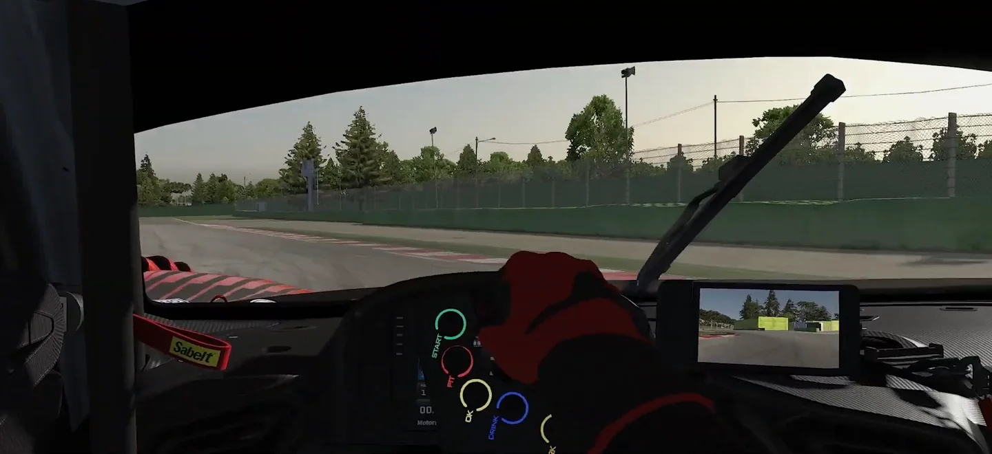 Cockpit view of a GT3 car entering the Imola chicane with a gloved hand crossing the wheel and the kerb ahead, the kind of corner the video uses to explain force feedback settings for sim racing.