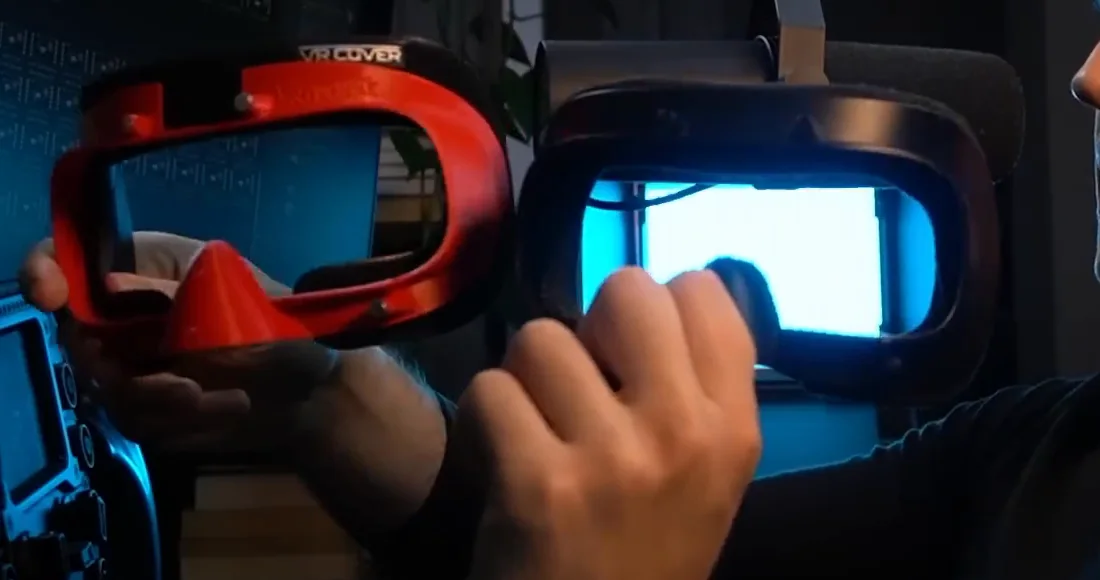 A slim red VR Cover facial interface held next to the thicker stock HP Reverb G2 face mask, one of the VR sim racing accessories compared side by side.
