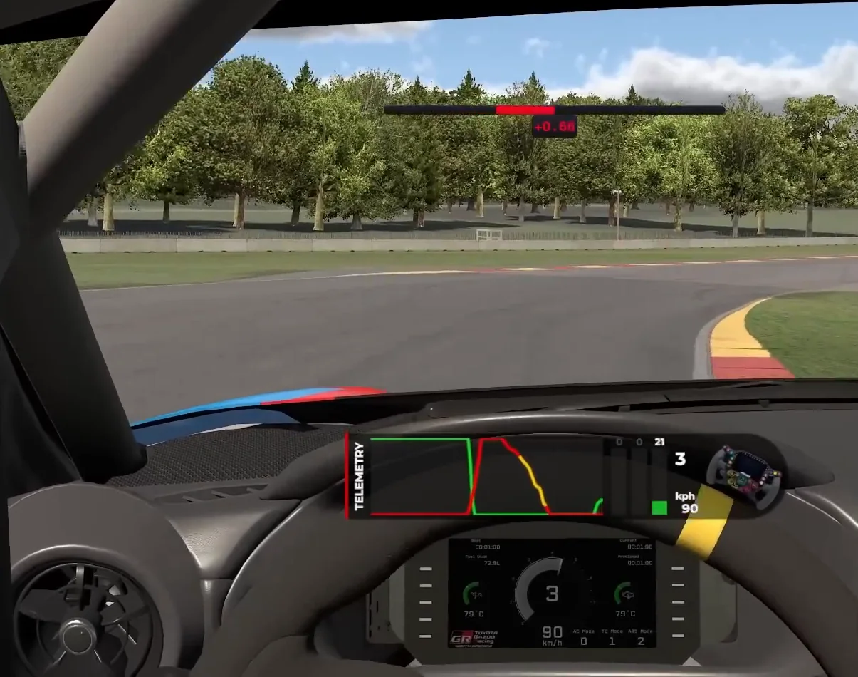iRacing GR86 cockpit with a telemetry overlay showing a red brake trace and a green throttle trace, the on-track check from these sim racing brake pedal tips.