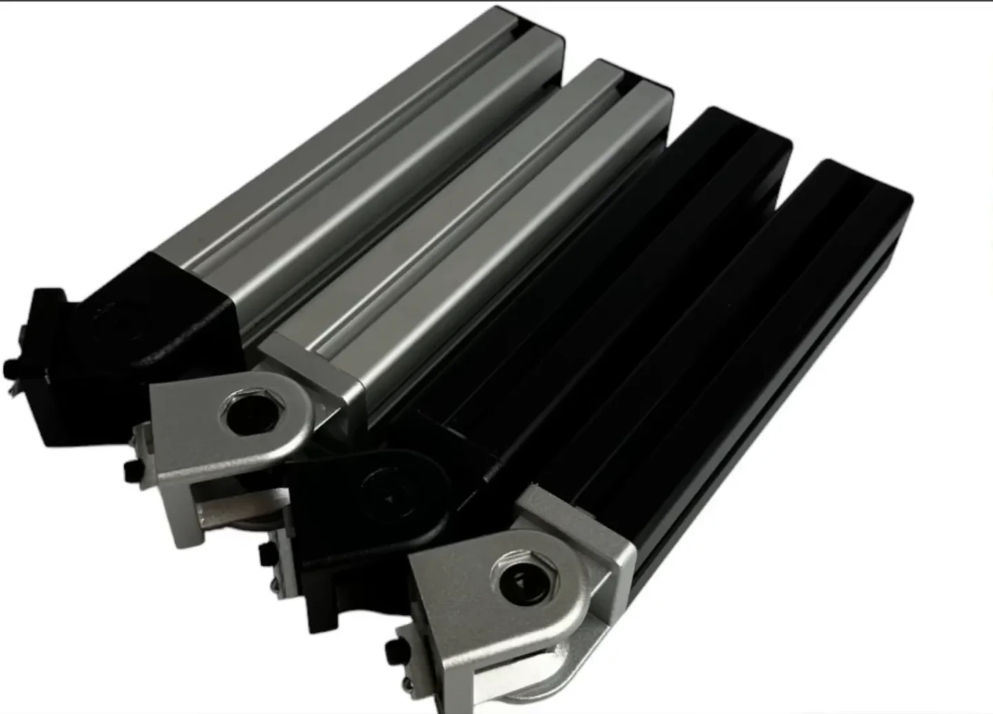 Black and silver articulating arms with T-nut mounts for aluminium profile rigs, the last of the cheap sim racing mods in the video.