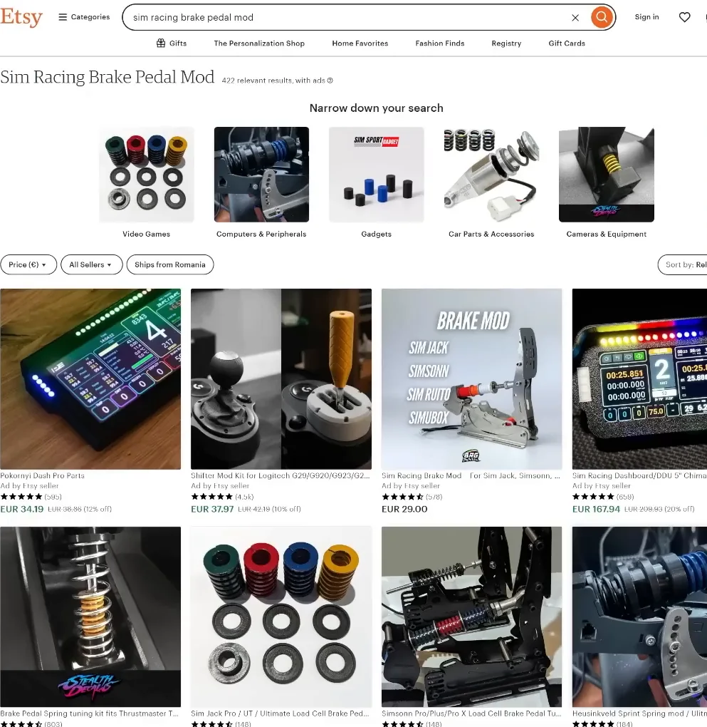 Etsy search results for the query sim racing brake pedal mod, listing spring kits, rubber inserts and load cell tuning parts, the cheap sim racing mods route to a better brake feel.