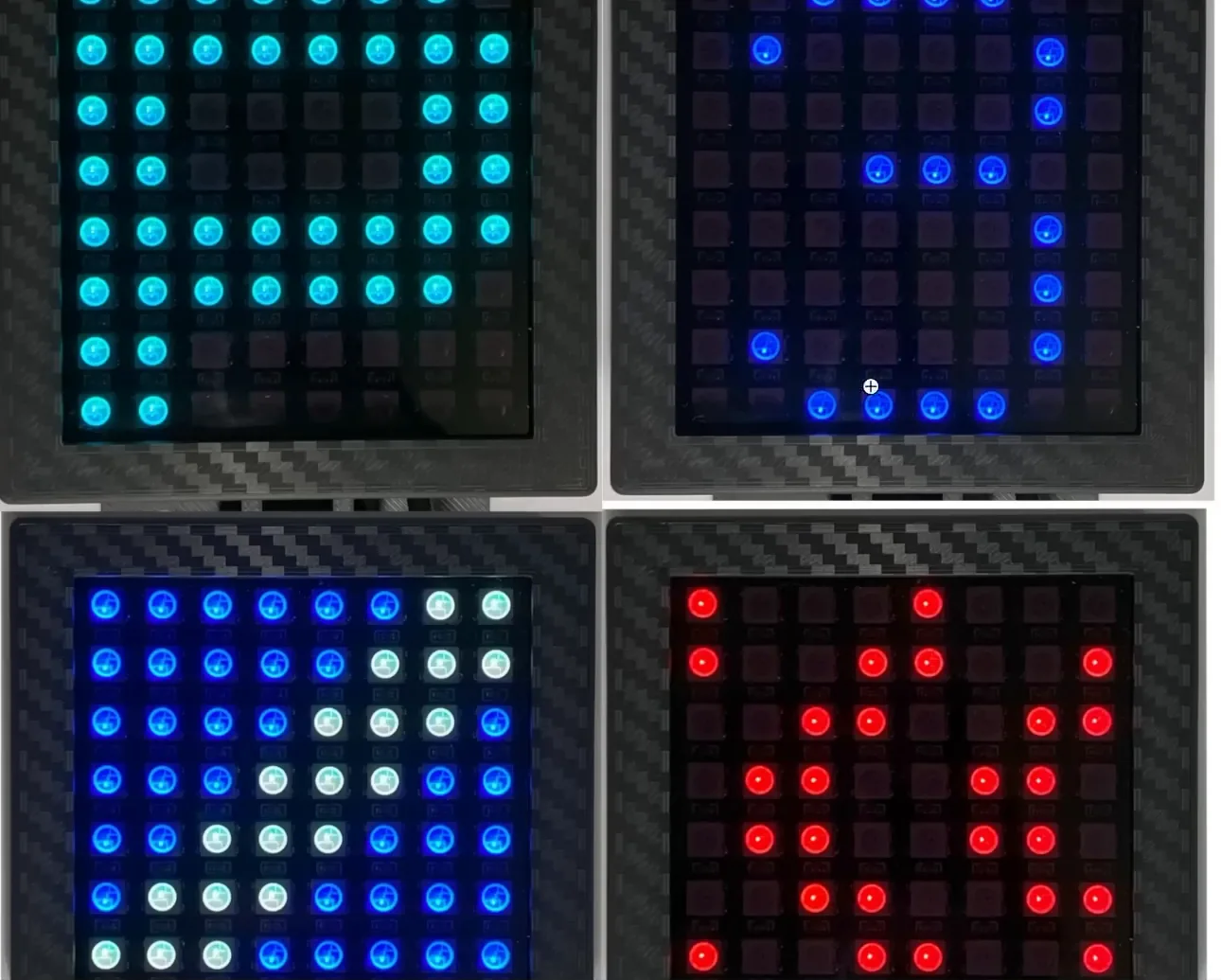 Four SimHub-compatible LED matrix flag panels lit in cyan, blue, white and red patterns, the flag lights from the cheap sim racing mods list.