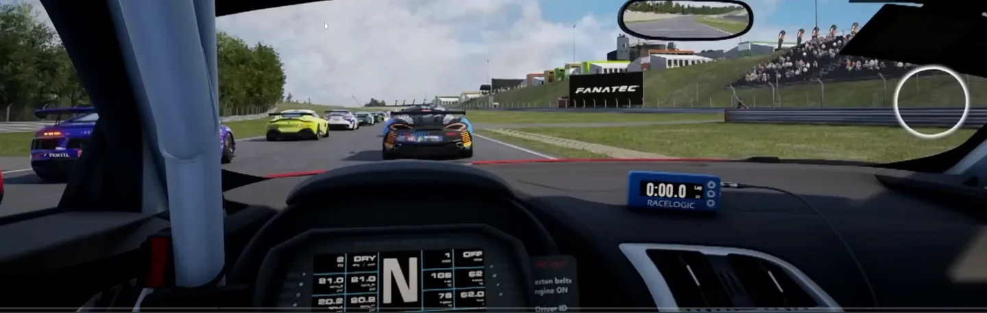 Webcam eye-tracking software running over a GT cockpit view with a white circle marking where the driver is looking, the software-only cheap sim racing mods route to peripheral awareness.