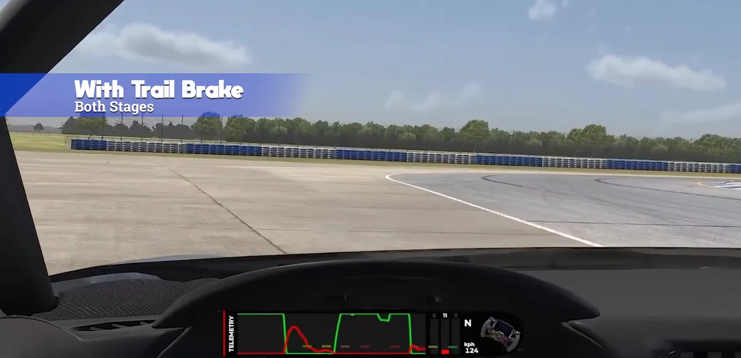 Cockpit lap labelled With Trail Brake, Both Stages, with the telemetry overlay showing the brake trace tapering into the corner before the throttle rises, the second extreme used to fix trail braking.