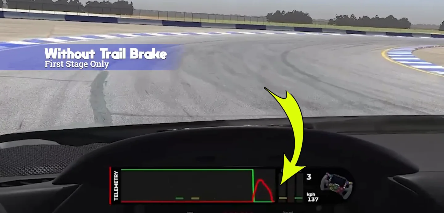Cockpit lap labelled Without Trail Brake, First Stage Only, with a yellow arrow pointing at the telemetry trace where the brake is dropped before turn-in, the first extreme used to fix trail braking.