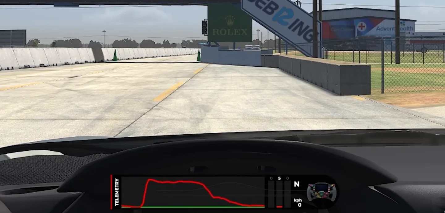 Stationary in the Sebring pit lane, the in-car telemetry overlay shows a hard hold followed by a gradual release, the pedal-shape drill used to fix trail braking before driving a lap.