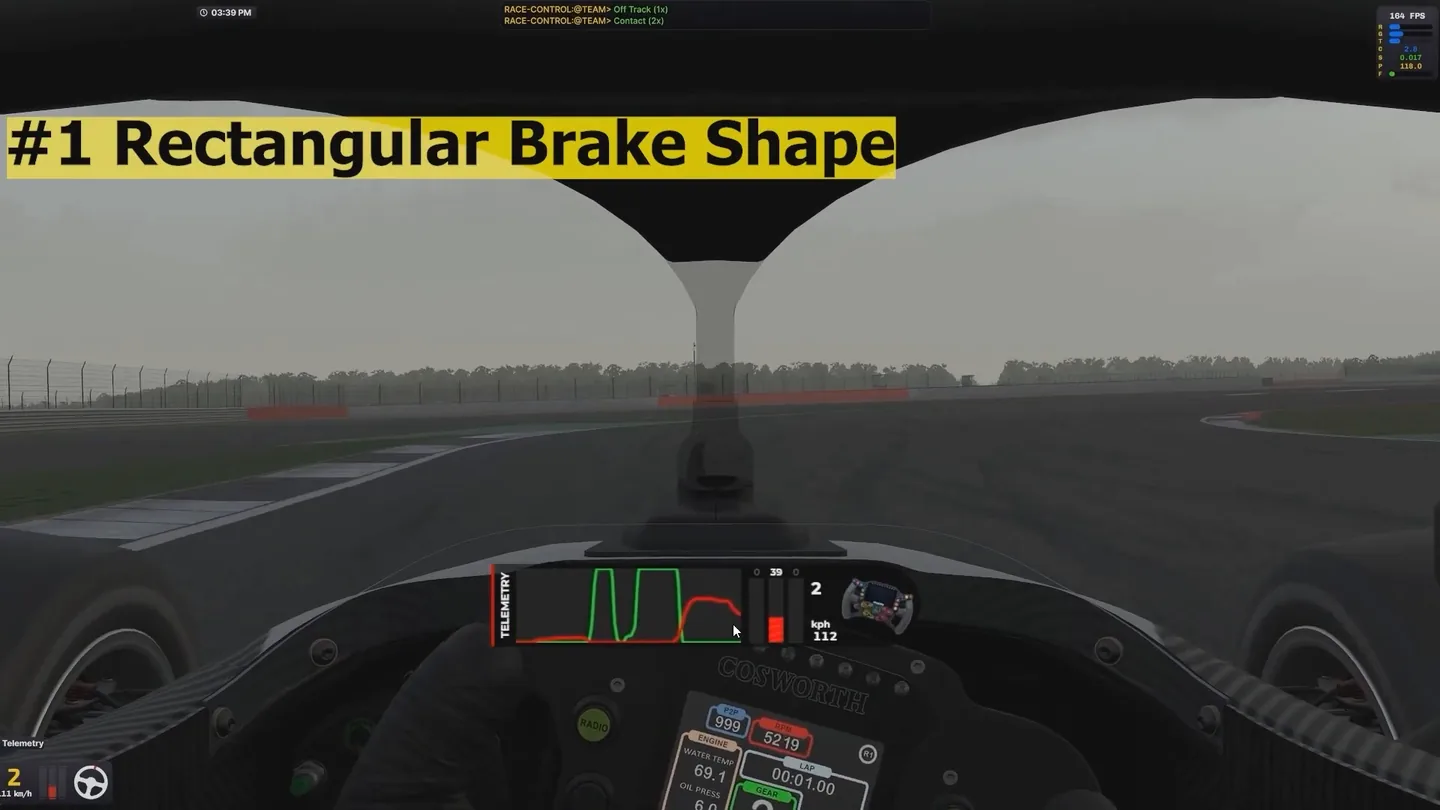 Onboard footage with a telemetry overlay, titled number one rectangular brake shape