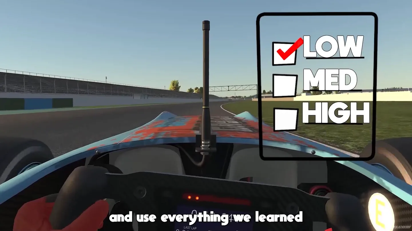 Onboard view with a checklist card overlaid showing low, medium and high speed corners with low ticked