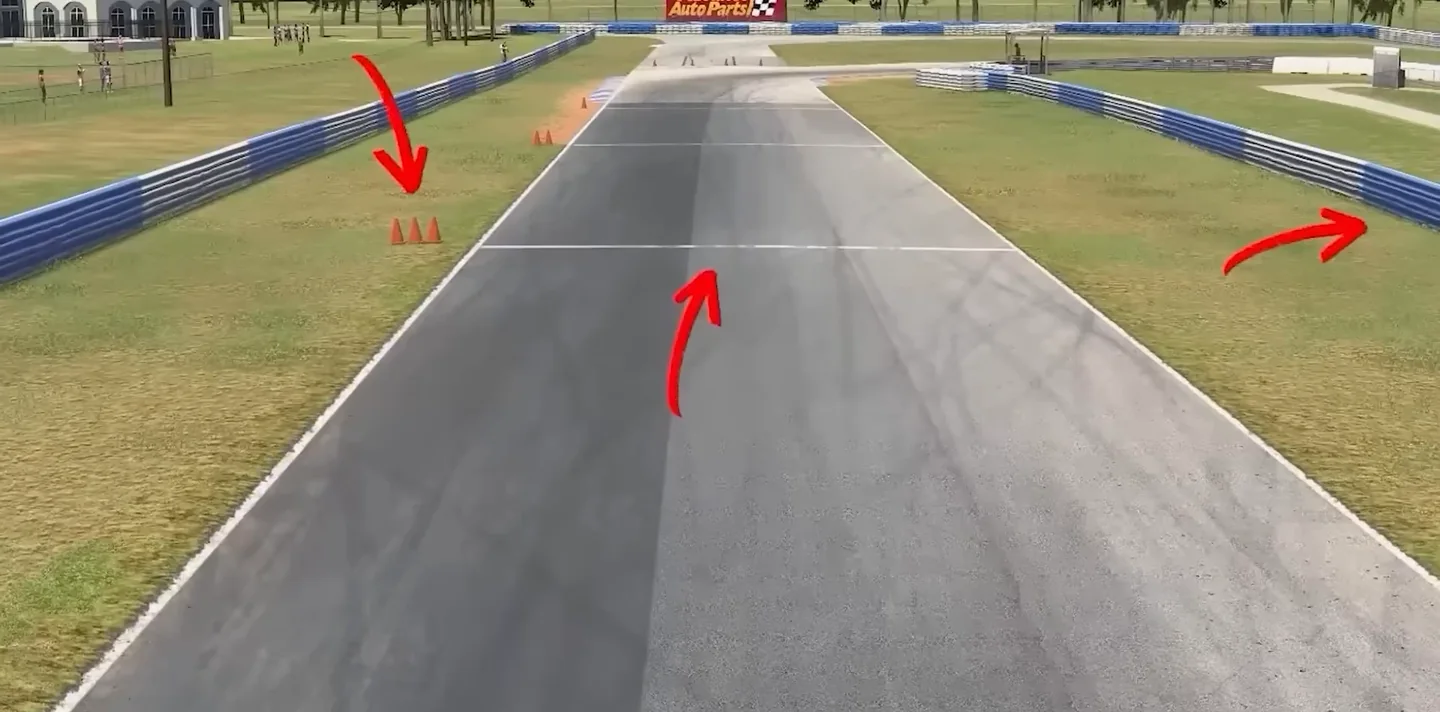 Driver's-eye view of a track approach with three red arrows marking cones, a line across the tarmac and a barrier point as atomic references for getting faster at sim racing.