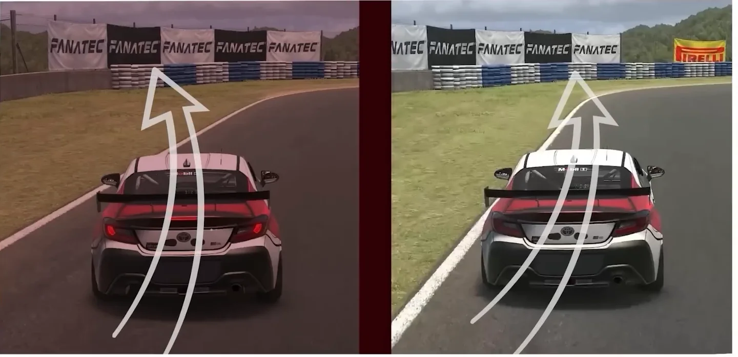 Split screen of a GR86 still steering left under braking for a right-hander, beside the same car already placed on the left edge of the track, the line choice that makes you faster at sim racing.