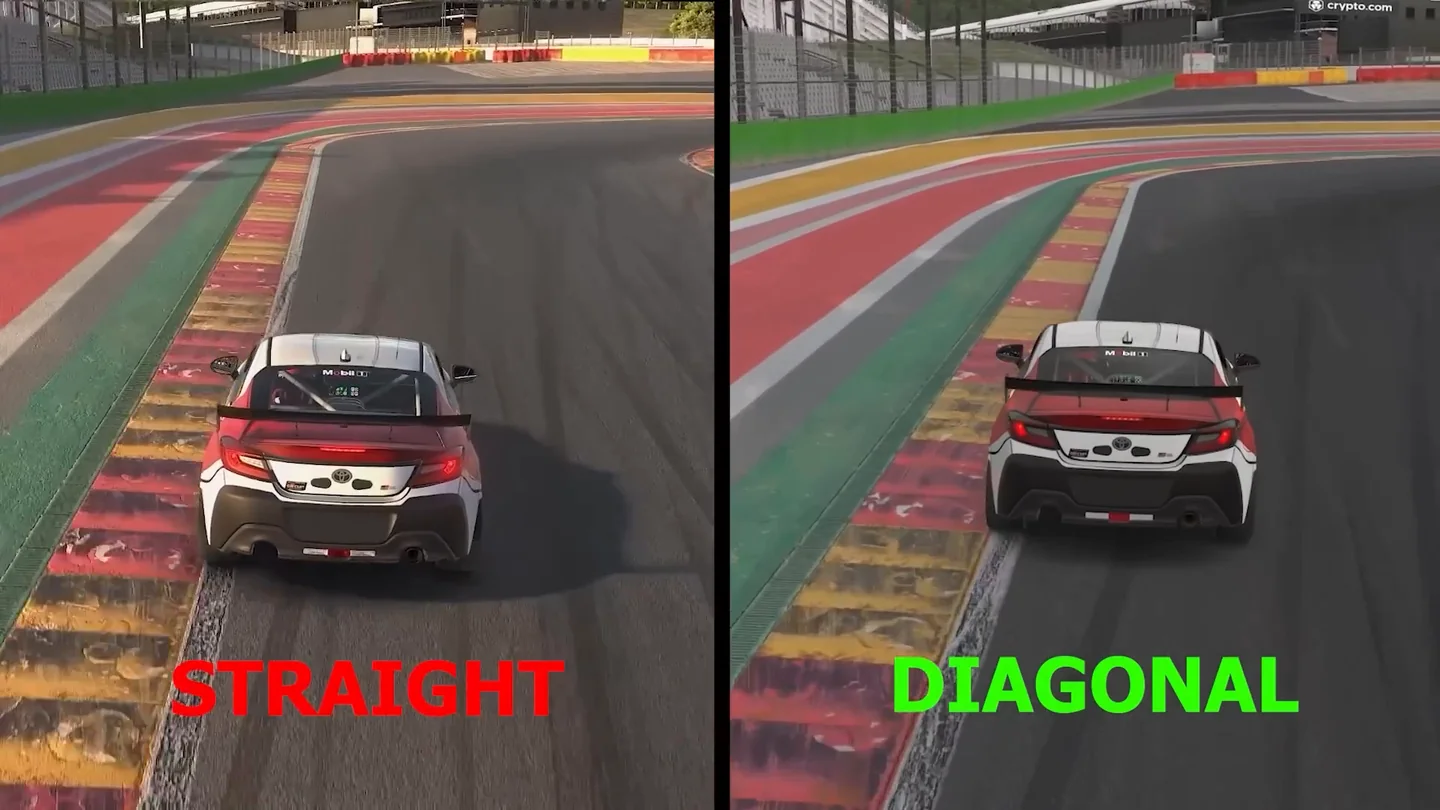 Side-by-side comparison of a GR86 braking straight and braking diagonally into the same corner at Spa, the shorter line for getting faster at sim racing.