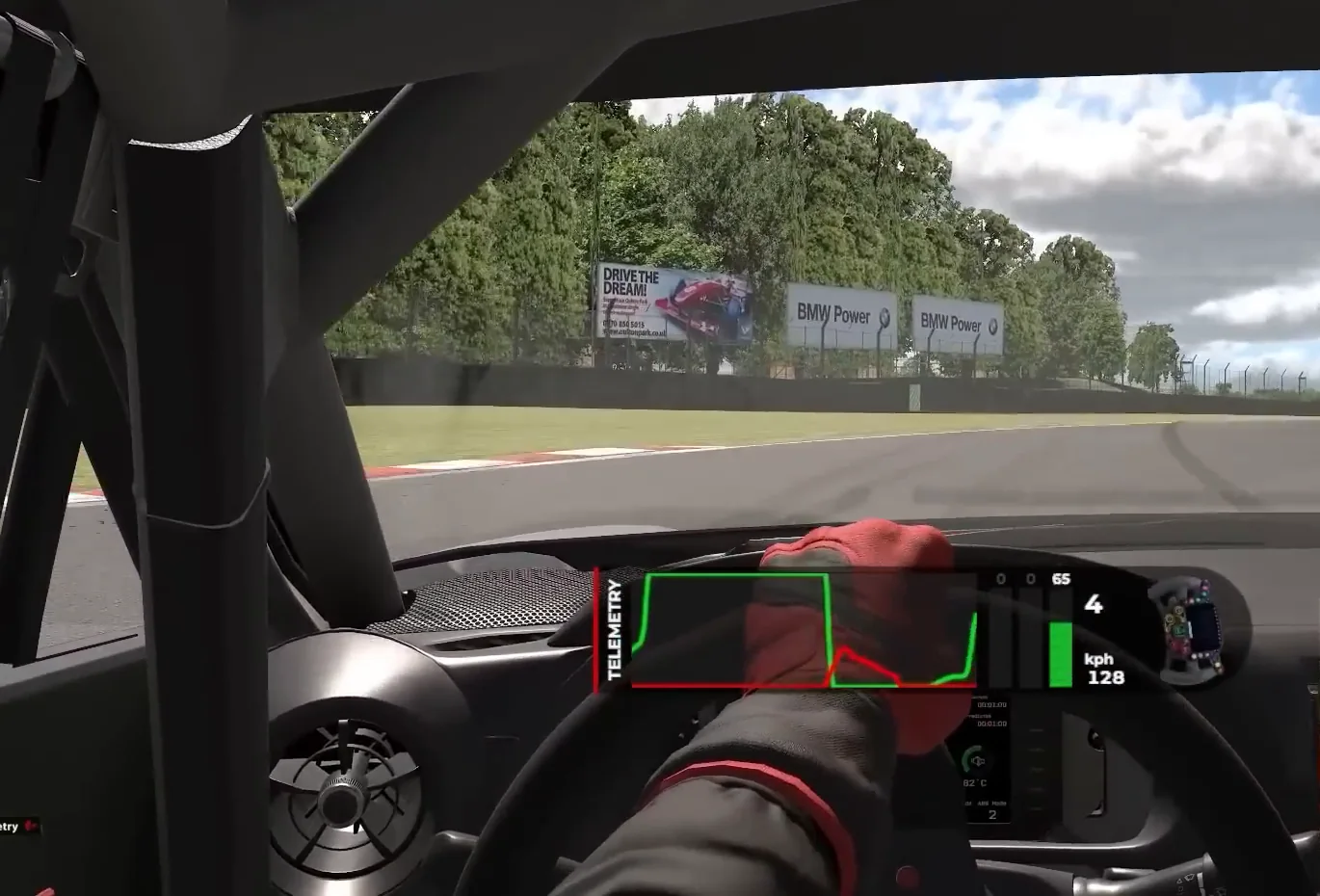 Cockpit view with a telemetry overlay showing the brake fully released before the throttle goes back to full: the brake, release, throttle pattern that runs wide when there is no trail braking in sim racing.