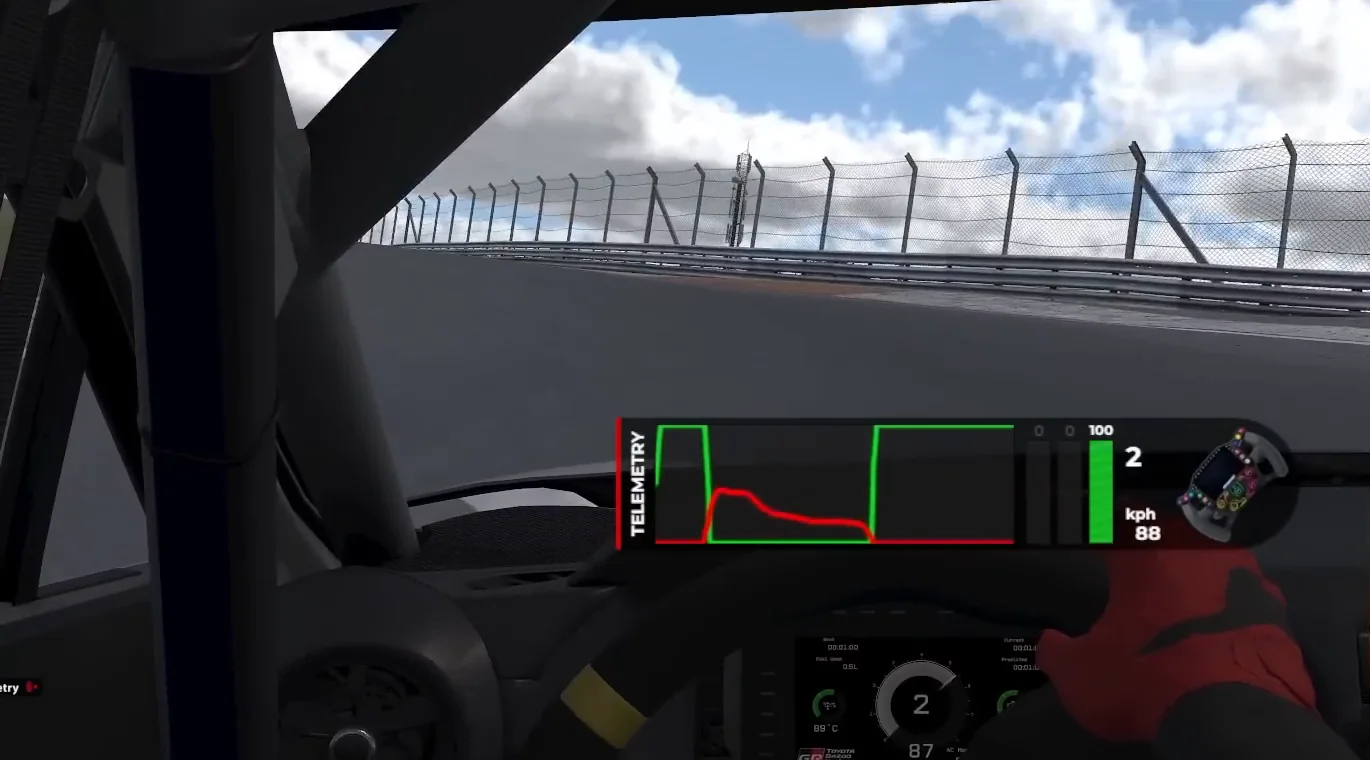 Telemetry overlay in a cockpit showing a soft brake application held low for a long time before the throttle jumps to 100%, the exaggerated earlier, softer, longer drill for trail braking in sim racing.