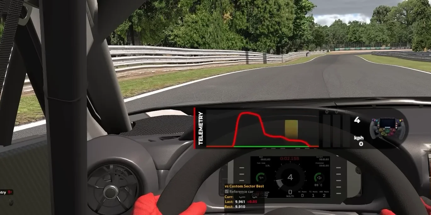 Brake trace on a telemetry overlay with a sharp initial spike that drops quickly into a long, low trail, the hard-and-drop shape of trail braking in sim racing that suits a fast corner.