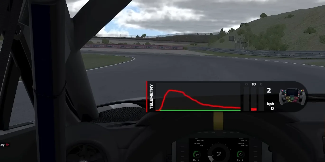 Parked on track at 0 km/h with a telemetry overlay, the brake trace rises sharply, holds, then bleeds down to a few percent, the stationary warm-up for trail braking in sim racing.