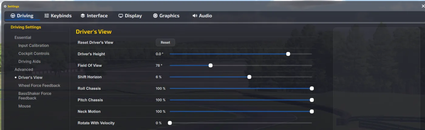 iRacing Settings window on the Driving tab, Driver&rsquo;s View selected in the sidebar, with the Field Of View slider showing 78 degrees.