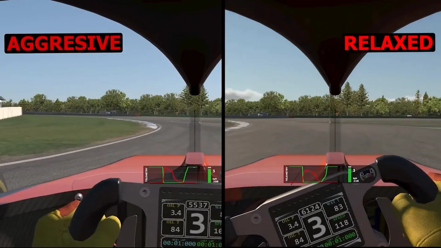 Side-by-side onboard comparison of an aggressive and a relaxed iRacing qualifying out lap in the F4, with brake and throttle traces shown.