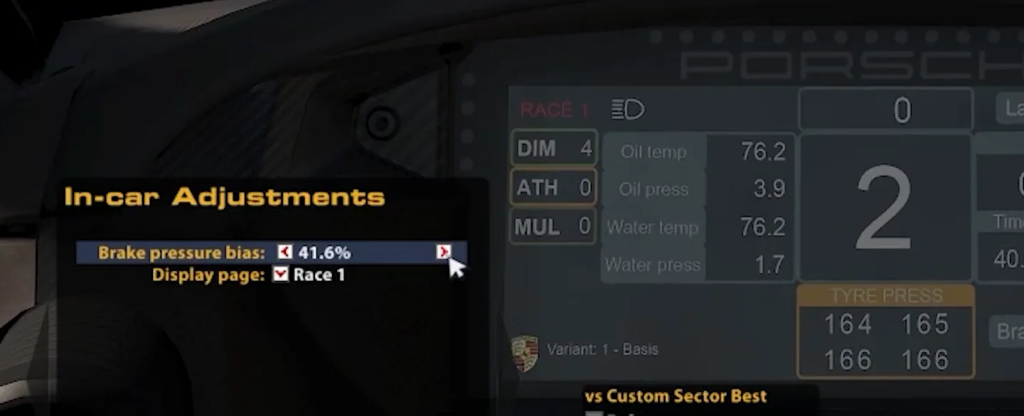 Porsche Cup cockpit with the in-car adjustments panel open on brake pressure bias, the control used on an iRacing qualifying out lap.