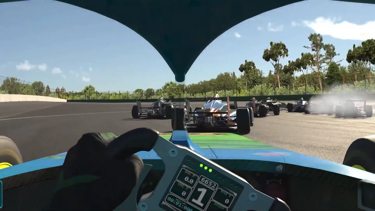 Onboard view from an F4 cockpit at the start of a race with a pack of cars ahead, the traffic a good iRacing qualifying result avoids.