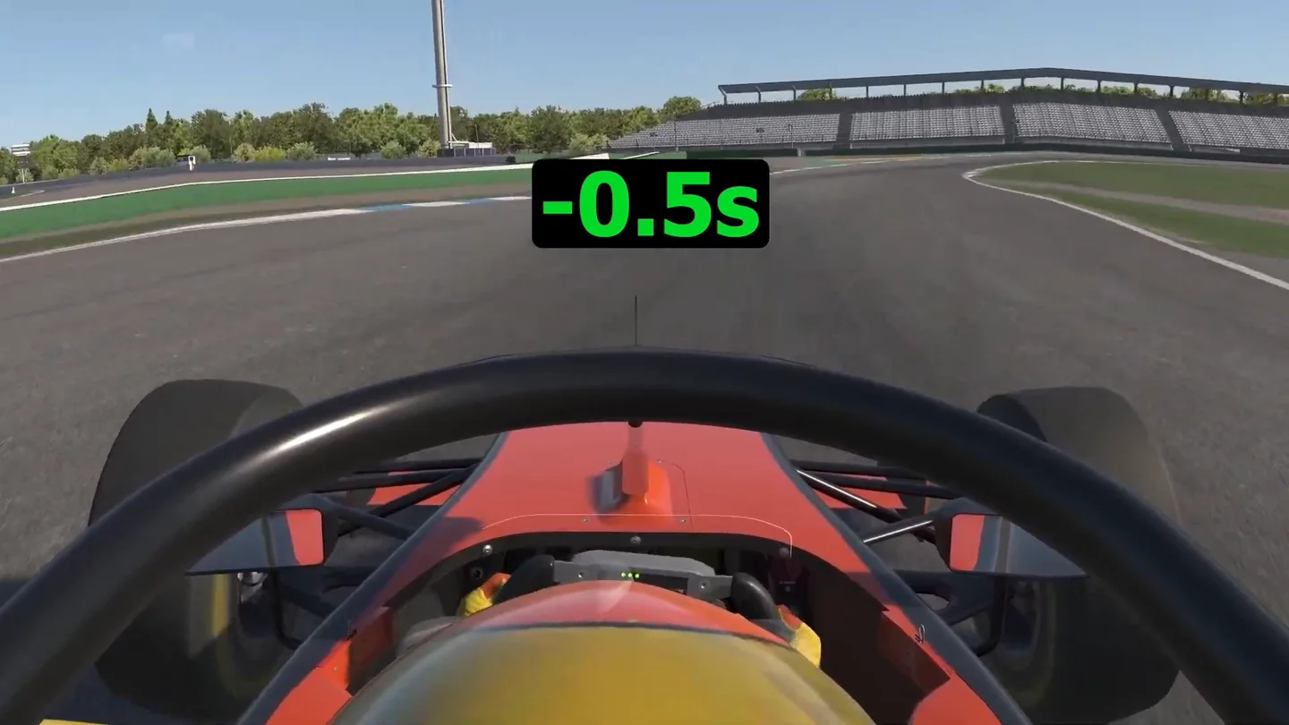 Onboard view of an F4 car at Hockenheim with a -0.5s overlay, the gain from driving the iRacing qualifying out lap differently.