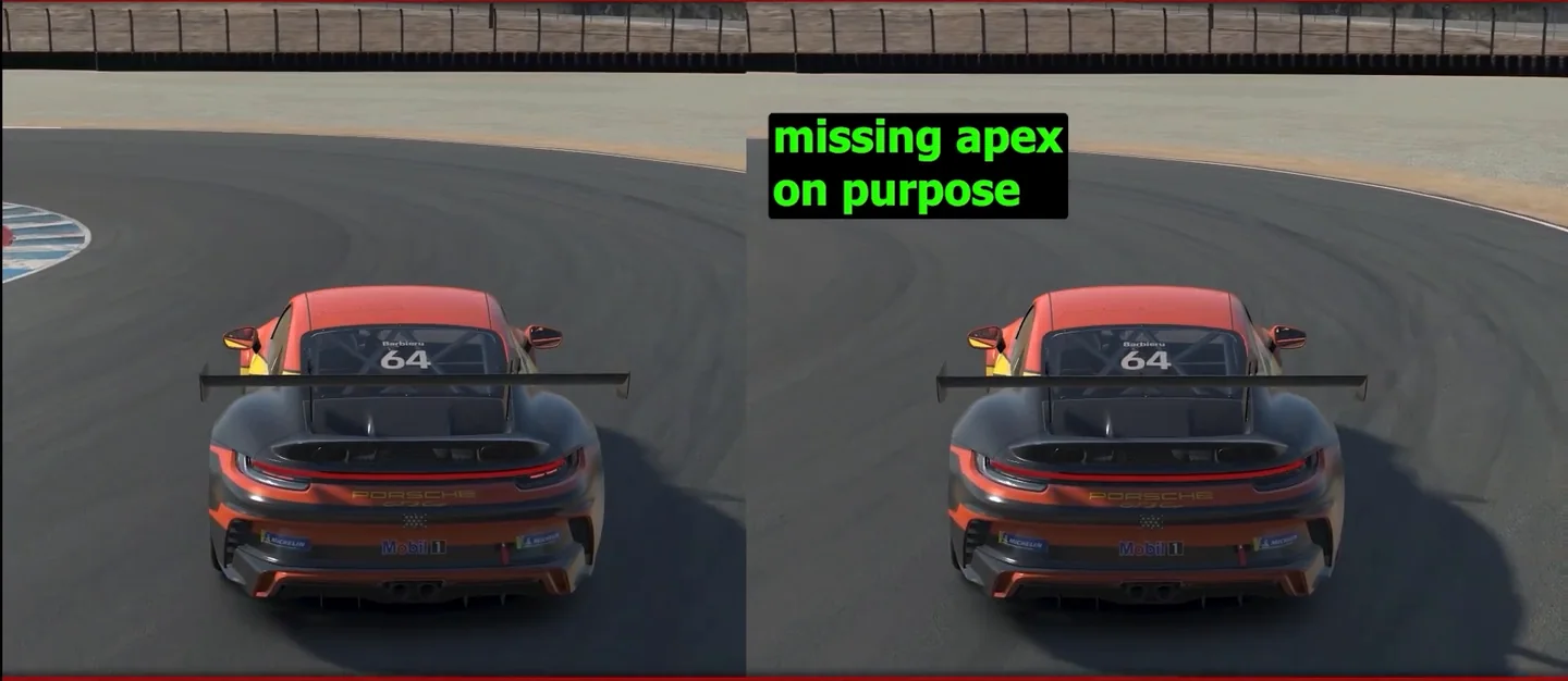 Side-by-side chase view of a Porsche Cup car in the last corner before an iRacing qualifying lap, the right-hand car missing the apex on purpose for a wider entry.