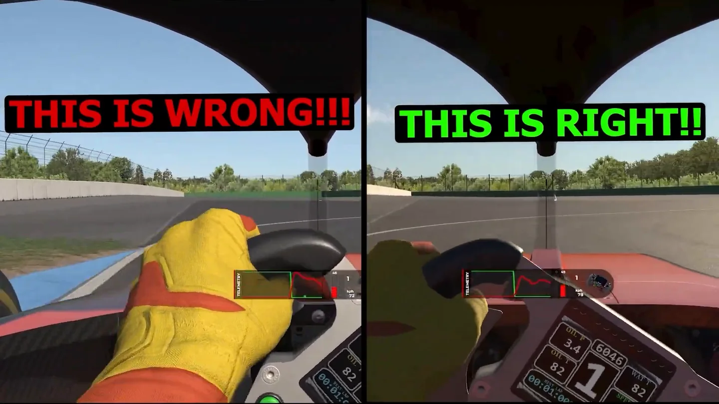 Side-by-side F4 onboard comparison labelled wrong and right, showing large steering lock against modest lock on an iRacing qualifying out lap.