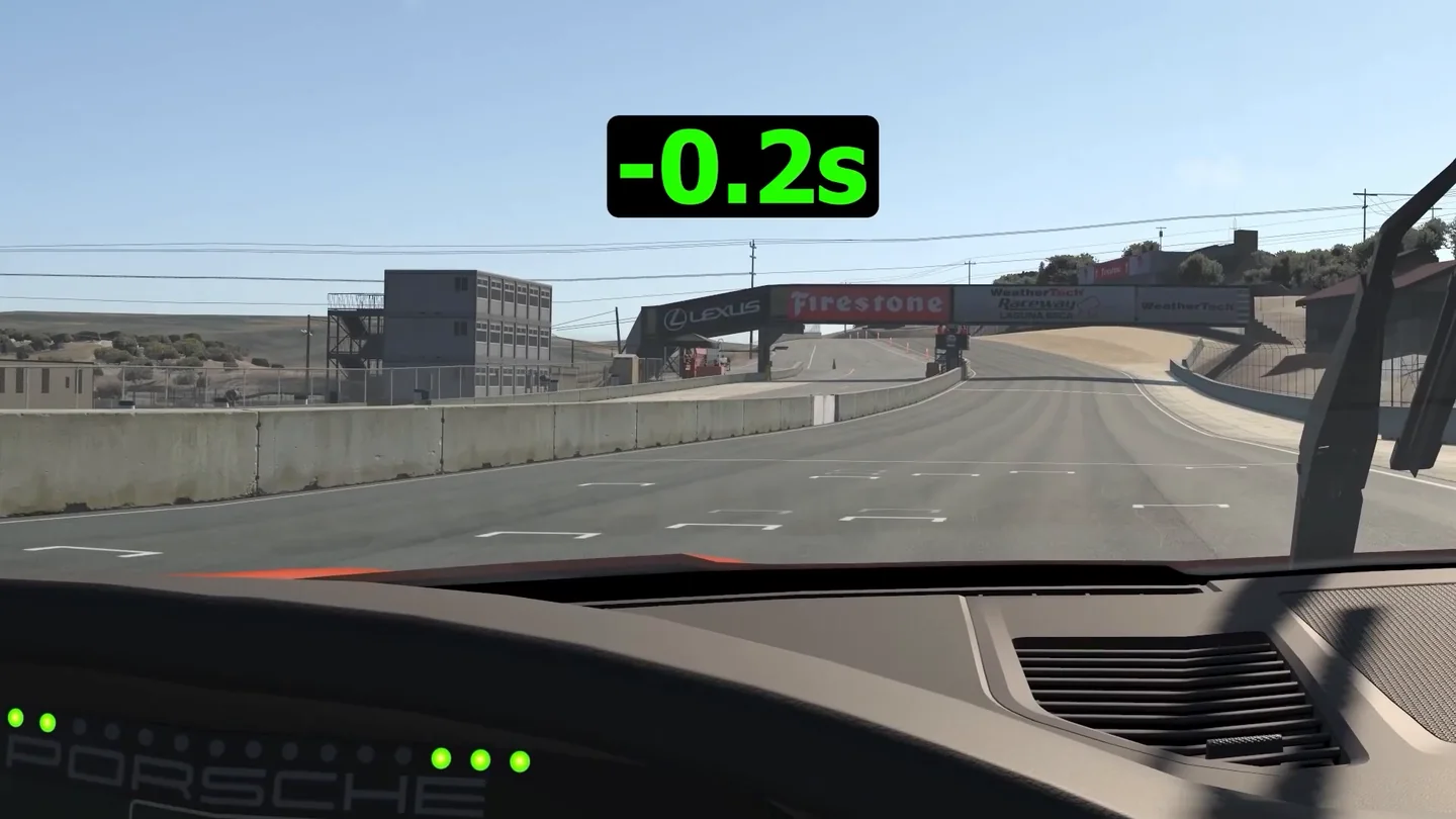 Onboard view approaching the start-finish line with a -0.2s overlay, the time gained before an iRacing qualifying lap begins.