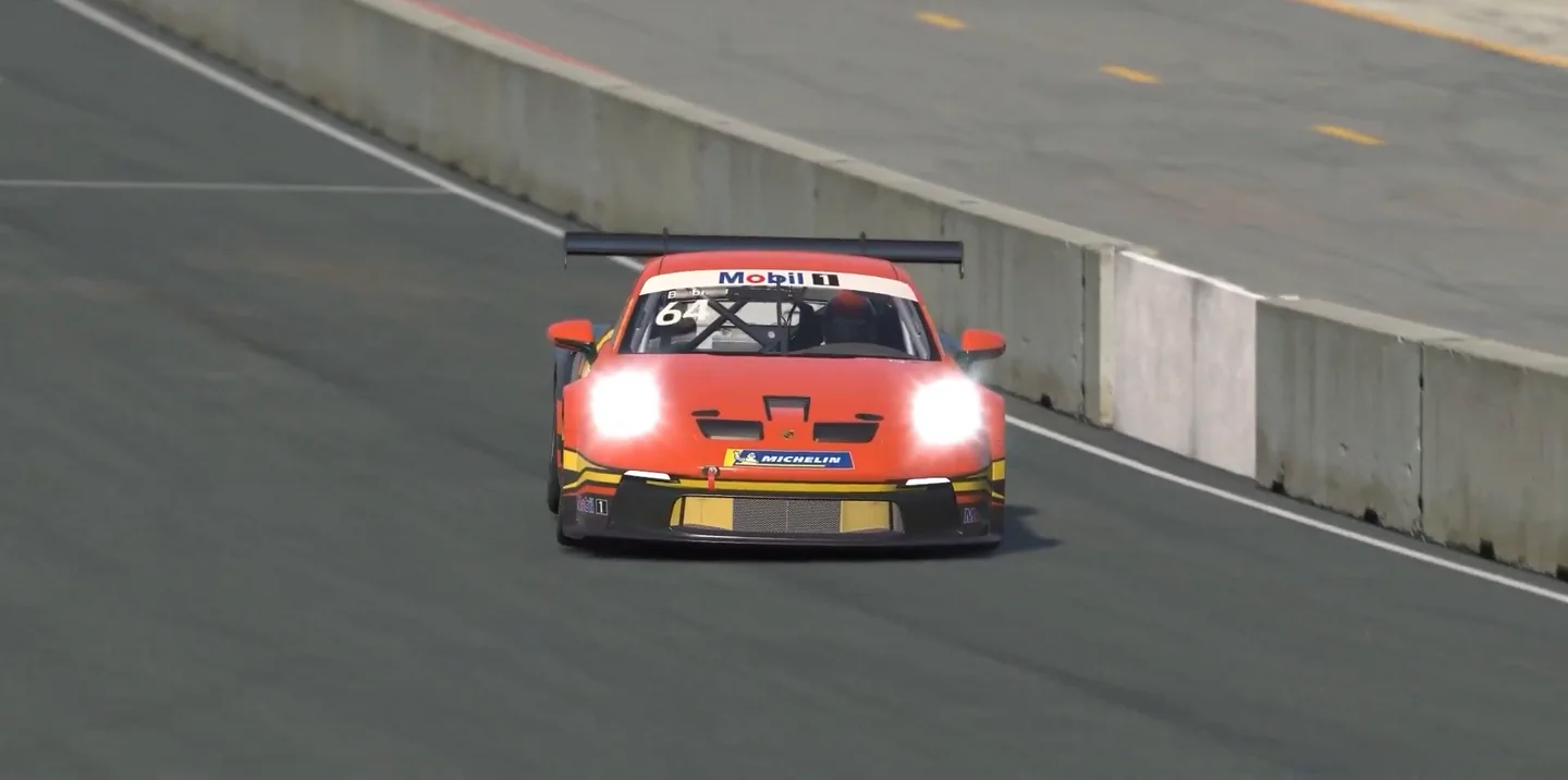A Porsche 911 GT3 Cup car weaving across the straight during an iRacing qualifying out lap.