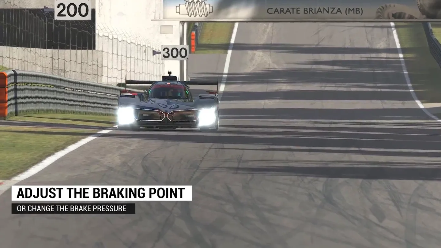 A prototype passing the 300-metre board, captioned adjust the braking point or change the brake pressure: the iRacing tire management fixes for lockups.