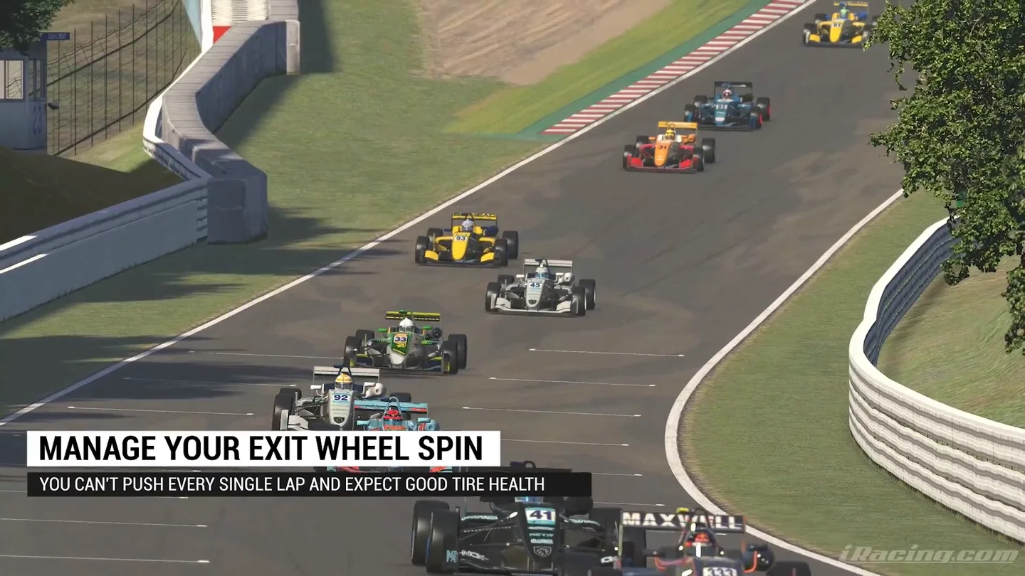 A pack of formula cars accelerating out of a corner, captioned manage your exit wheel spin: the rear-tyre side of iRacing tire management.