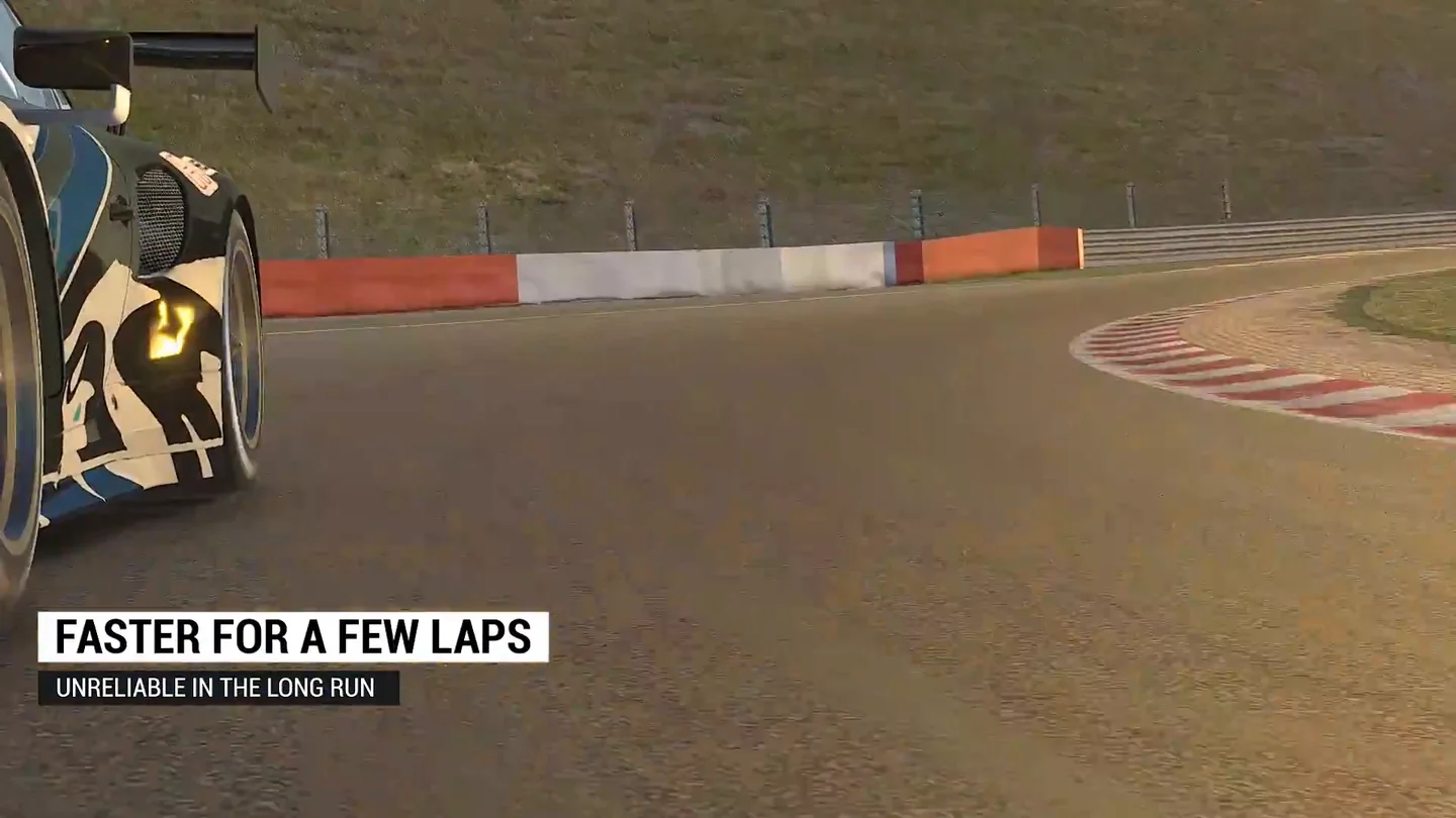 A GT3 car approaching a corner, captioned faster for a few laps, unreliable in the long run: the iRacing tire management warning about pushing.
