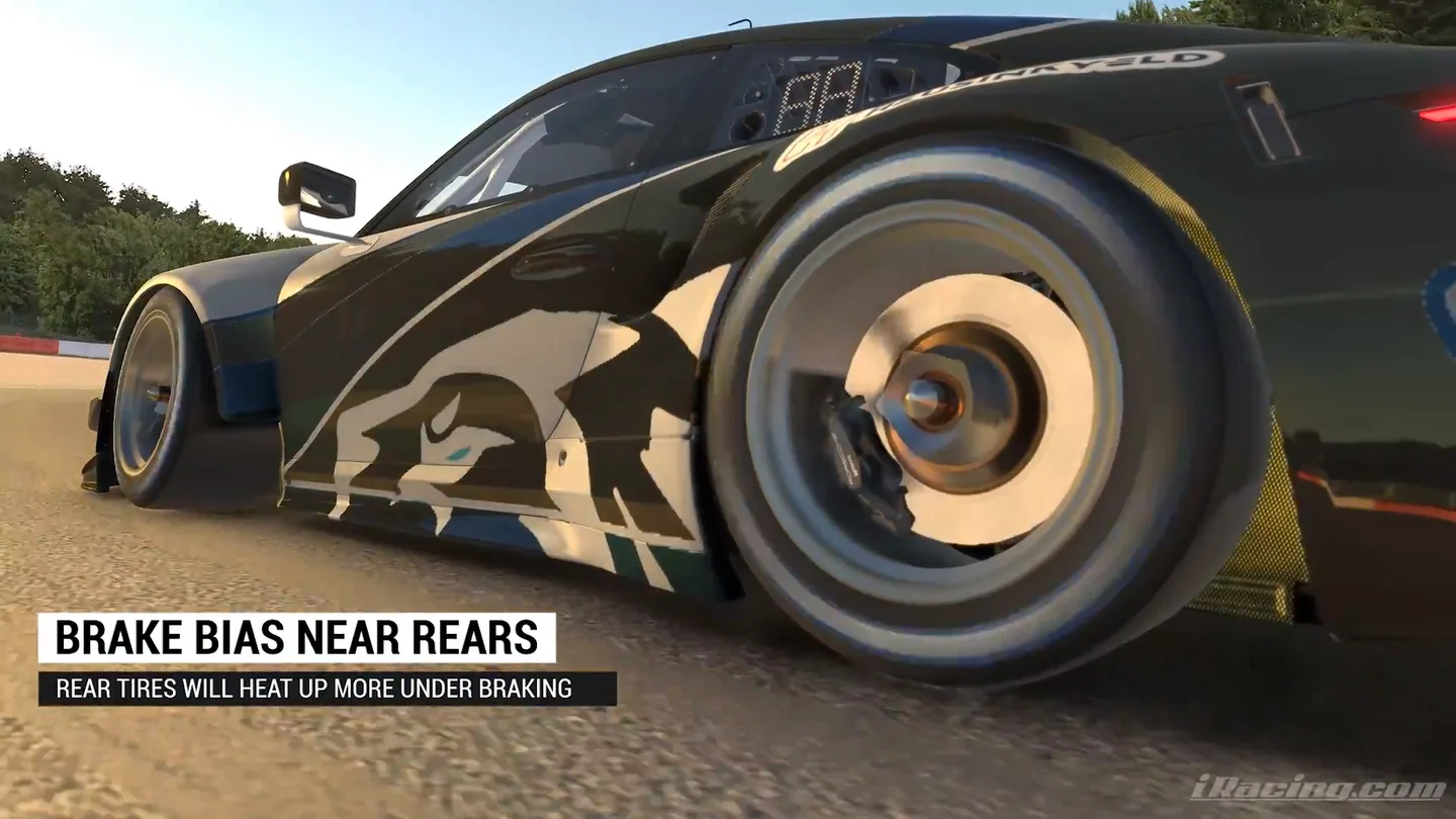 Side view of a Porsche GT3's rear wheel under the caption brake bias near rears, the third rear-tyre cause in this iRacing tire management guide.