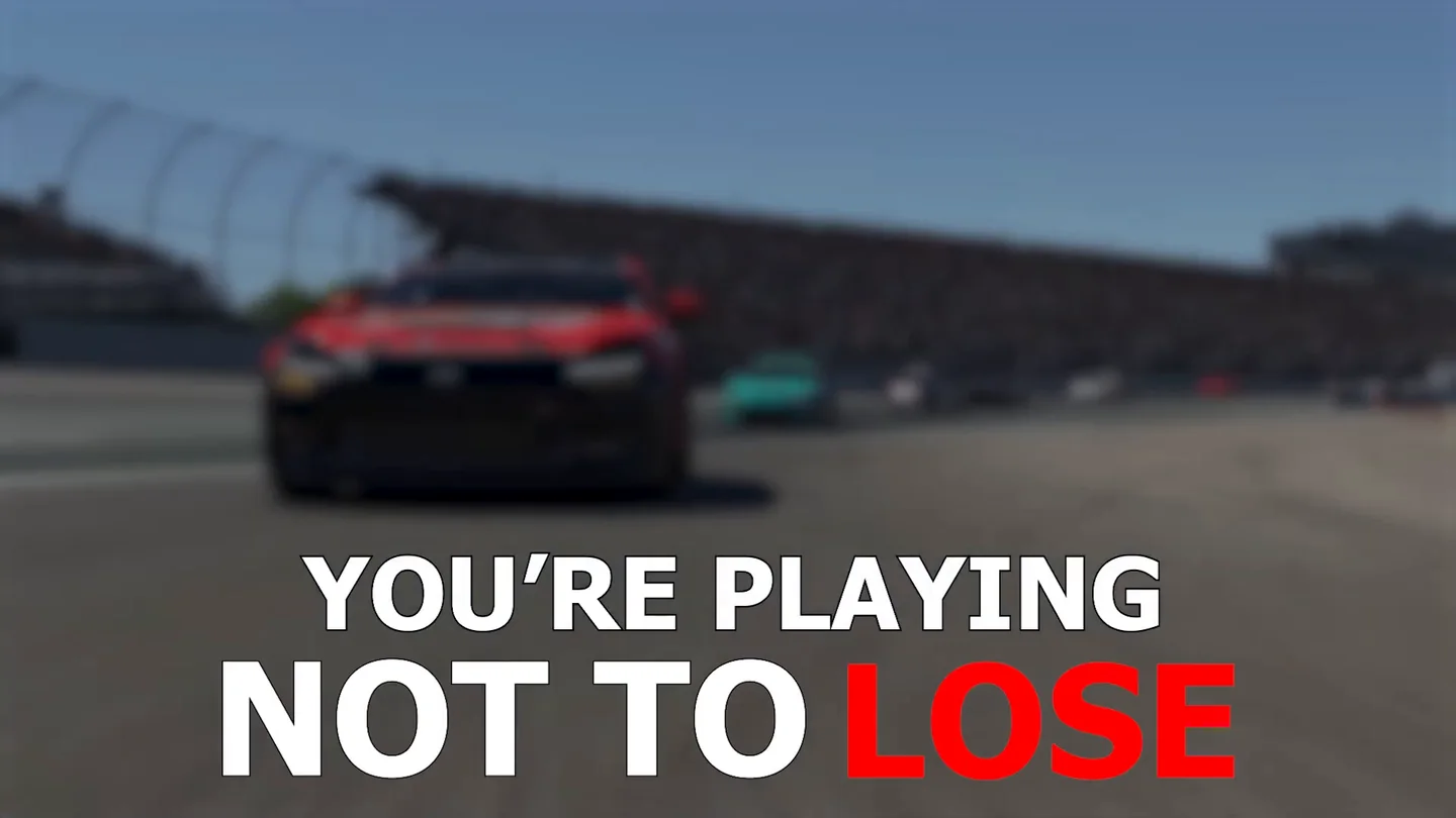 一台失焦的赛车，前方是粗体的屏幕文字 playing not to lose，这就是驱动 iRating 陷阱的心态。