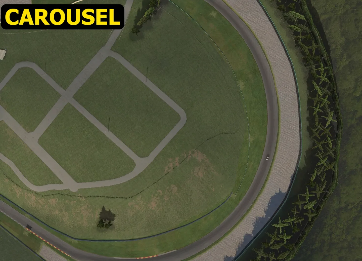 Top-down aerial of a long, evenly curving corner labelled CAROUSEL, one of the racing corner types, with a single car part-way around the arc.