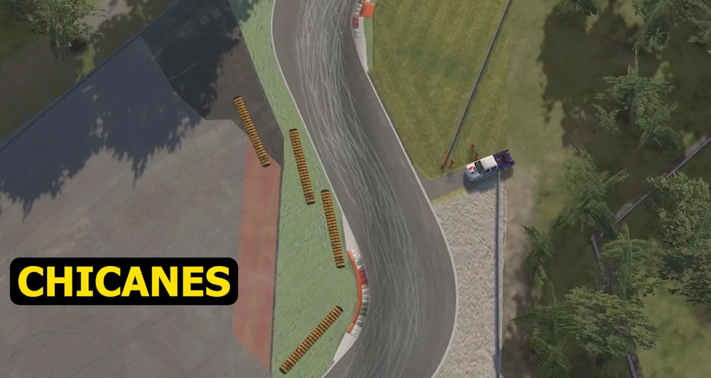Top-down aerial view of an empty chicane, one of the racing corner types, with a kerb on the inside of each of its two opposite-direction turns and a gravel trap on the outside.
