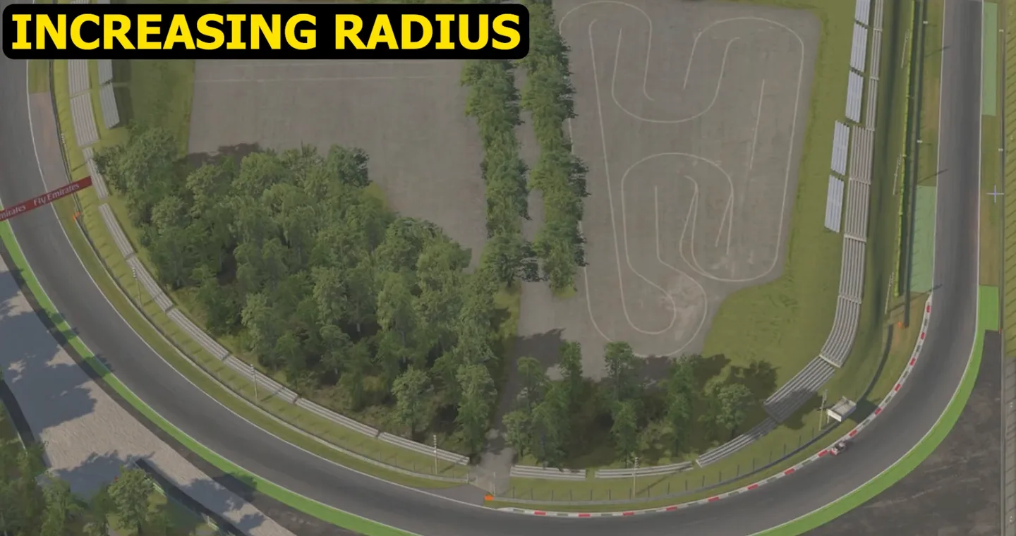 Top-down aerial of a long right-hand corner labelled INCREASING RADIUS, one of the racing corner types, tight where it turns in at the right of the frame and opening out to a much wider exit running away to the left.
