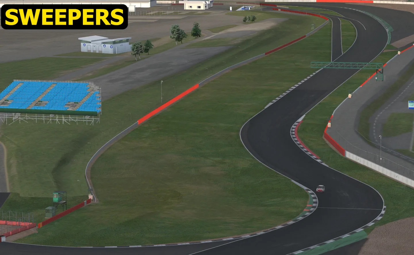 Aerial view of a long, fast sweeping curve labelled SWEEPERS, one of the racing corner types, with a lone car tracking through the middle of the bend.