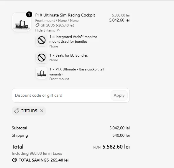The Sim-Lab checkout summary with GITGUD5 applied in the discount code field, showing a P1X Ultimate cockpit bundle reduced from 5,308.00 lei to 5,042.60 lei, with shipping added separately and total savings of 265.40 lei.