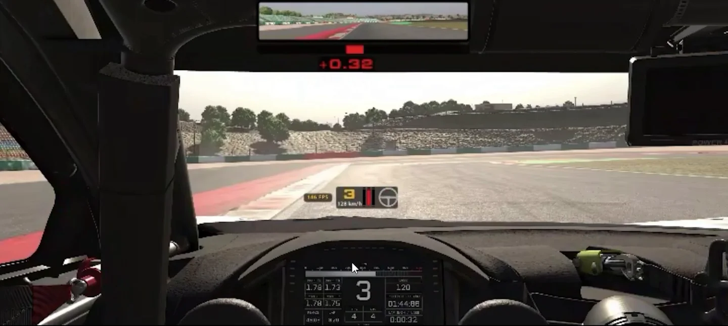 Cockpit view of a straight, flat braking zone with the steering wheel centred and the brake bar lit on the HUD, the corner where the sim racing braking mistakes session asked how the grip was changing.