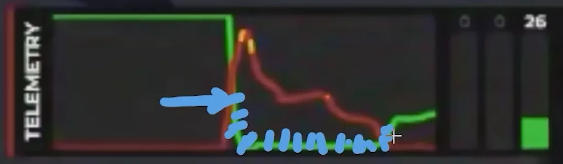 Telemetry trace with the coach's blue arrow at the brake application and a blue scribble underneath the brake trace where the green throttle still registers, the brake-and-throttle overlap among the sim racing mistakes found in the lap.