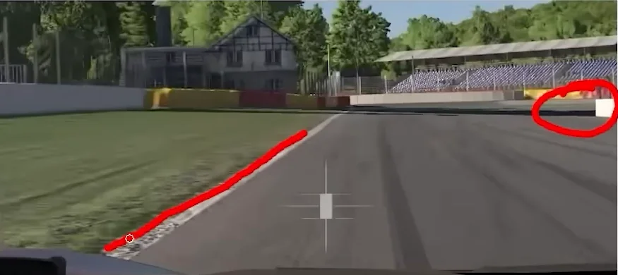 The coach's red line traced along the grass edge on the approach to a braking zone, with the braking point circled at the barrier, showing where the left tyre should run to avoid the first of these sim racing mistakes.