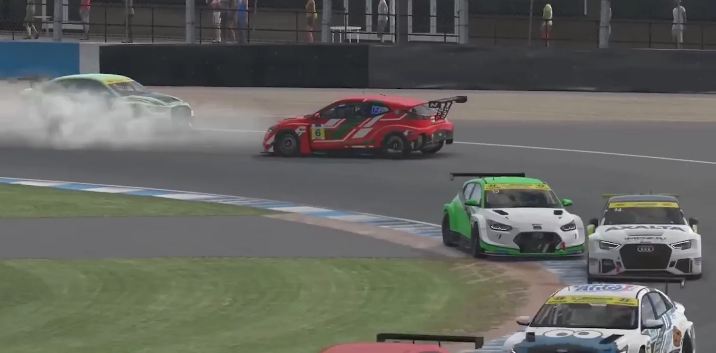A touring car spun sideways in its own tyre smoke as the pack arrives, the race-ending contact every sim racing mindset has to absorb.